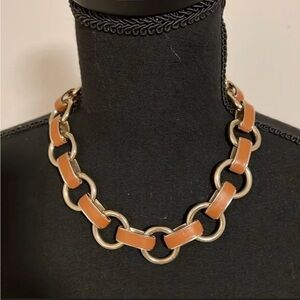 Set Chunky Goldtone Chain Bracelet & Choker Necklace with Brown Leather Inlay